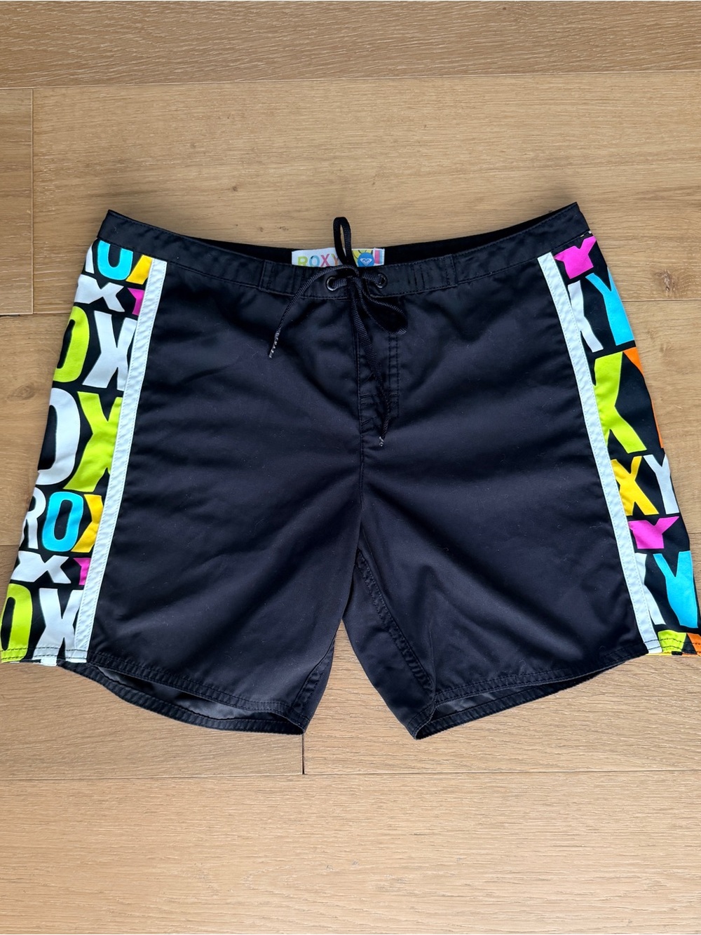 VTG Roxy Y2K Board Shorts Women Neon Logo Side Panels Black Surf Medium***